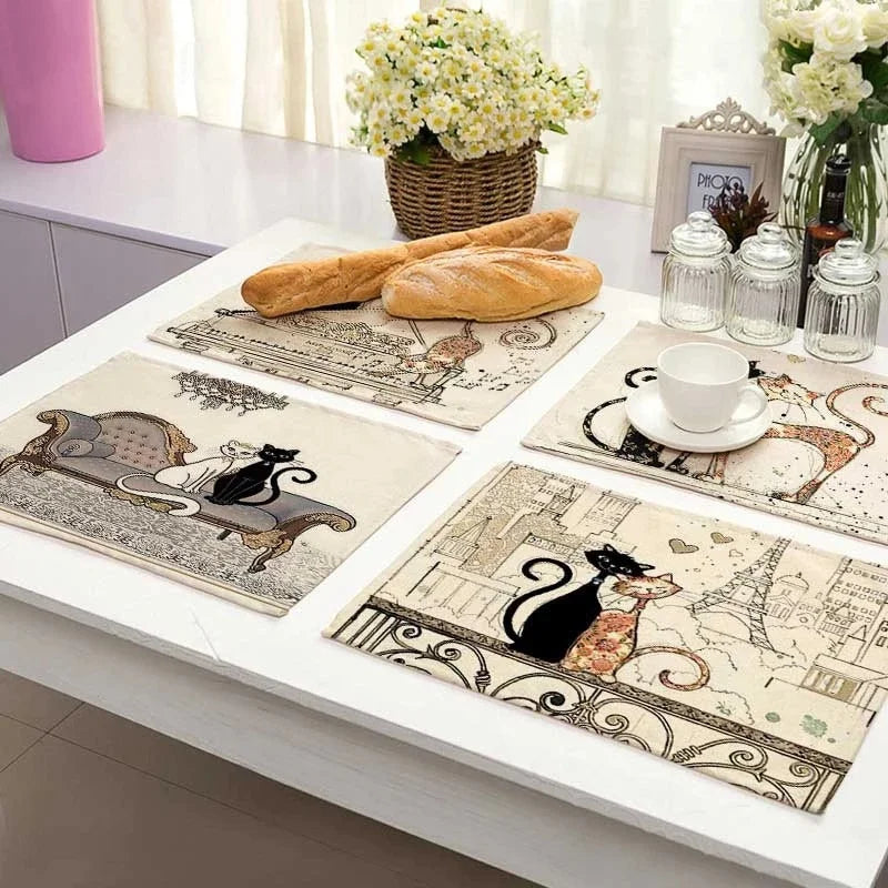 Decorbites™ Schwarze Katze Leinen-Platzset für Esstisch & Küchendekoration
