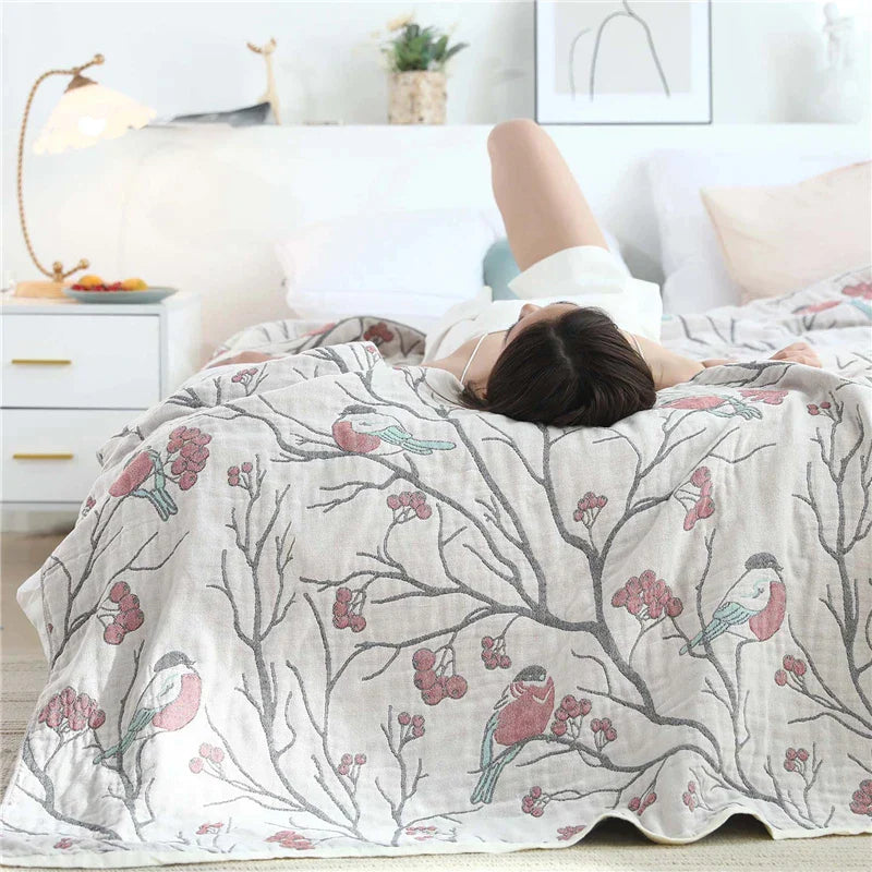 Decorbites™ Japanische Baumwoll-Einzelbettüberwurf mit Kissenhandtuch - Design mit Blumen und Vögeln