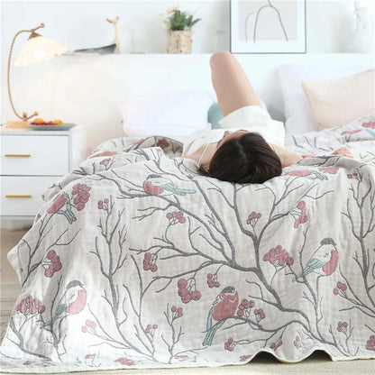 Decorbites™ Japanische Baumwoll-Einzelbettüberwurf mit Kissenhandtuch - Design mit Blumen und Vögeln