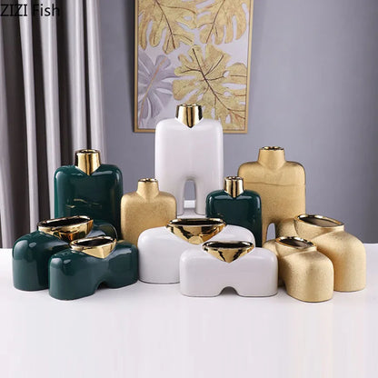 Decorbites™ Goldene Keramikvase Schreibtischdekoration Künstliche Blumenarrangement Ästhetische Raumvase
