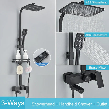 Decorbites™ Schwarzes Messing-Duscharmatur-Set Regendusche Badewannenarmatur mit Badezimmerregal