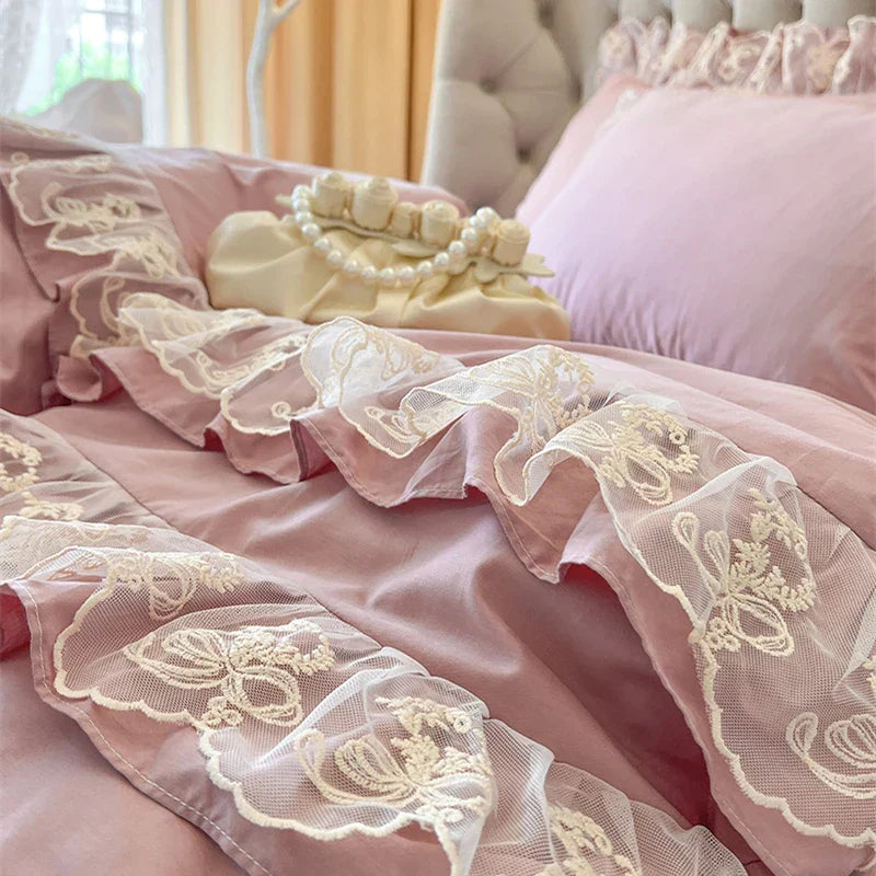 DecorBites™ Korean Princess Lace Ruffles Bedding Set in Bean Paste Pink