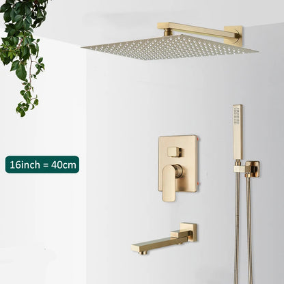 Quyanre Brushed Gold Shower Faucets Set Bathroom Wall Mounted Shower System Embedded Box Shower Mixer Tap Rainfall Shower Faucet