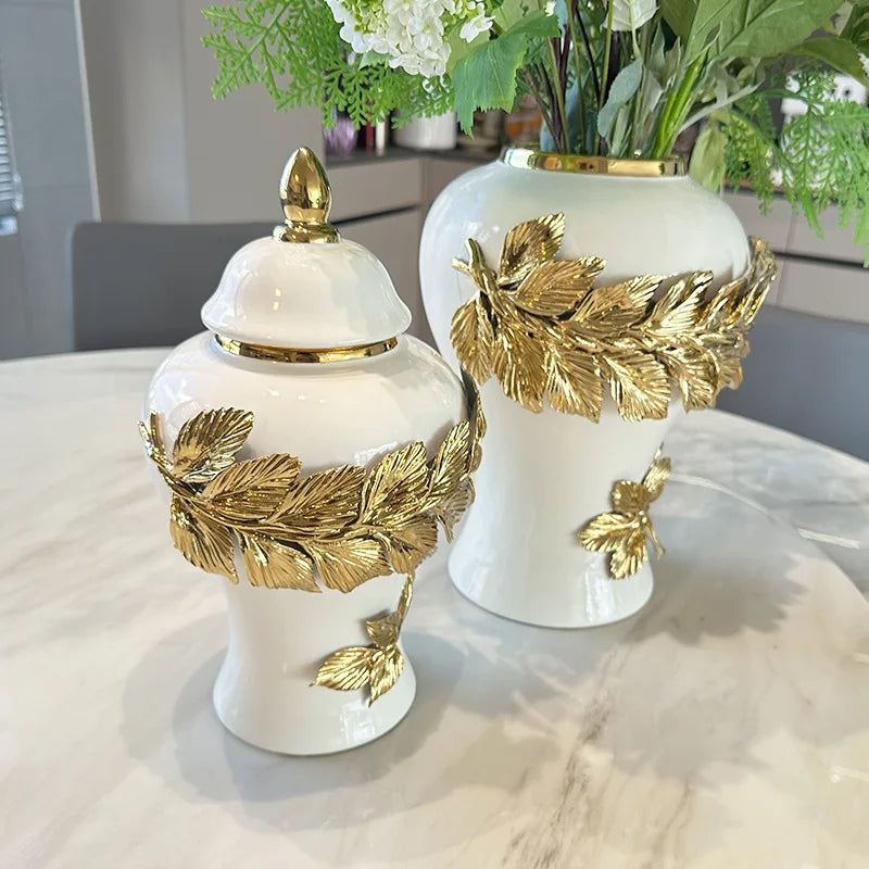 Decorbites™ Goldene Blätter Keramik Blumentopf mit handgeprägten Blumen für Blumenarrangements