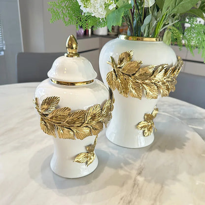 Decorbites™ Goldene Blätter Keramik Blumentopf mit handgeprägten Blumen für Blumenarrangements