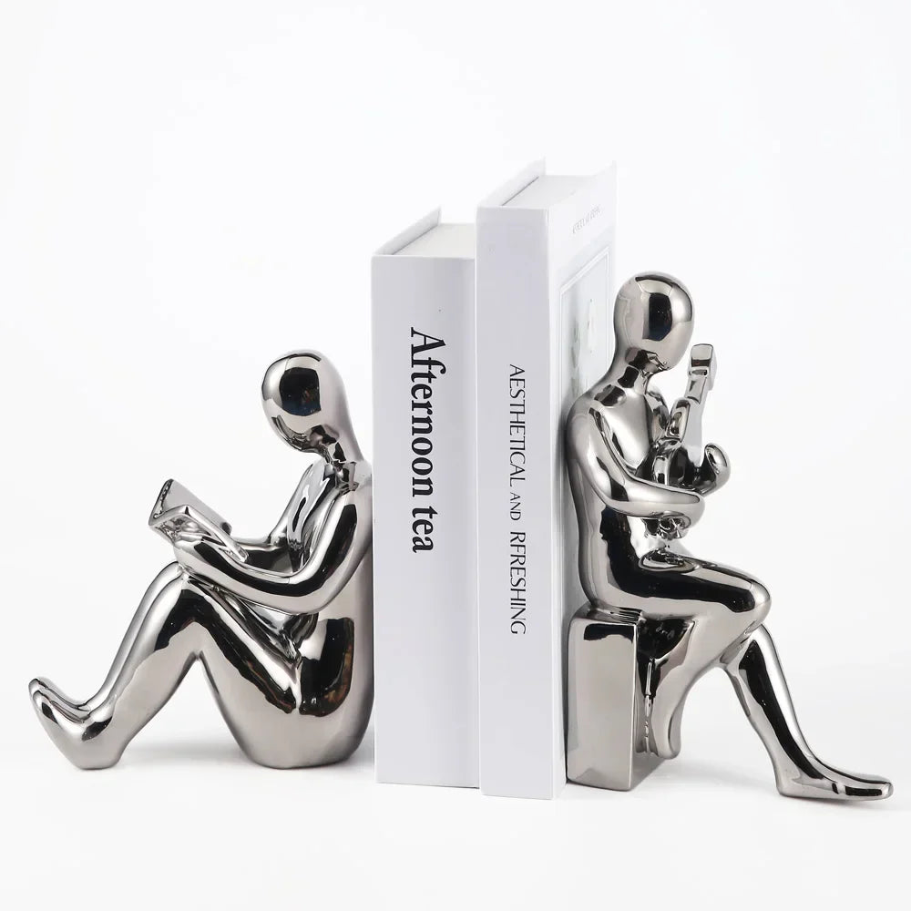 DecorBites™ Abstract Nordic Style Ceramic Character Bookends Set for Office Bookcase Decor