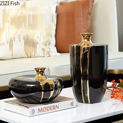 Decorbites™ Elegante schwarze Gold-Keramikvase für moderne Luxusblumen-Dekoration