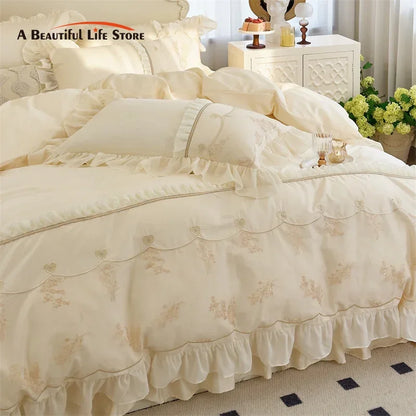DecorBites™ Elegant Heart Embroidery Lace Princess Wedding Bedding Set