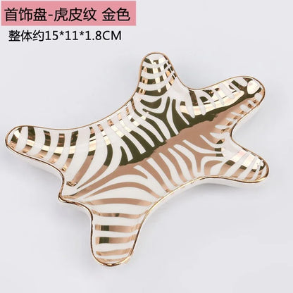 DecorBites™ Gold Tiger Skin Ceramic Plate Zebra Dish Jewelry Holder Tray