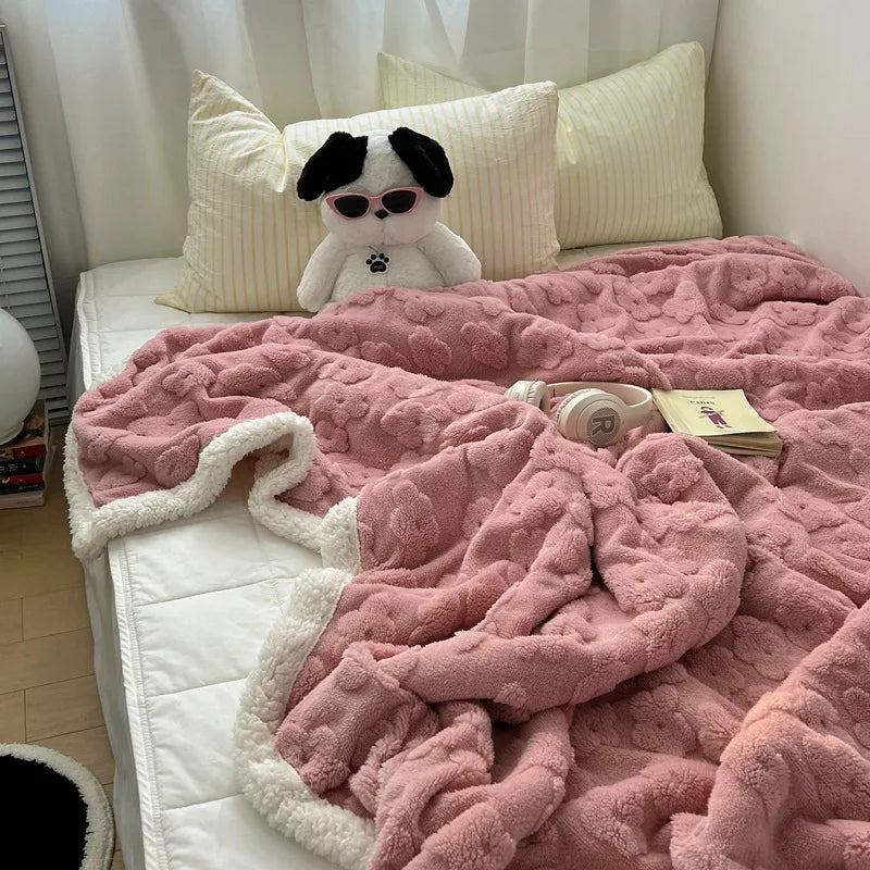 DecorBites™ Cozy Lamb Wool Flower Jacquard Blanket: Luxe Solid Color Sofa Quilt for Winter