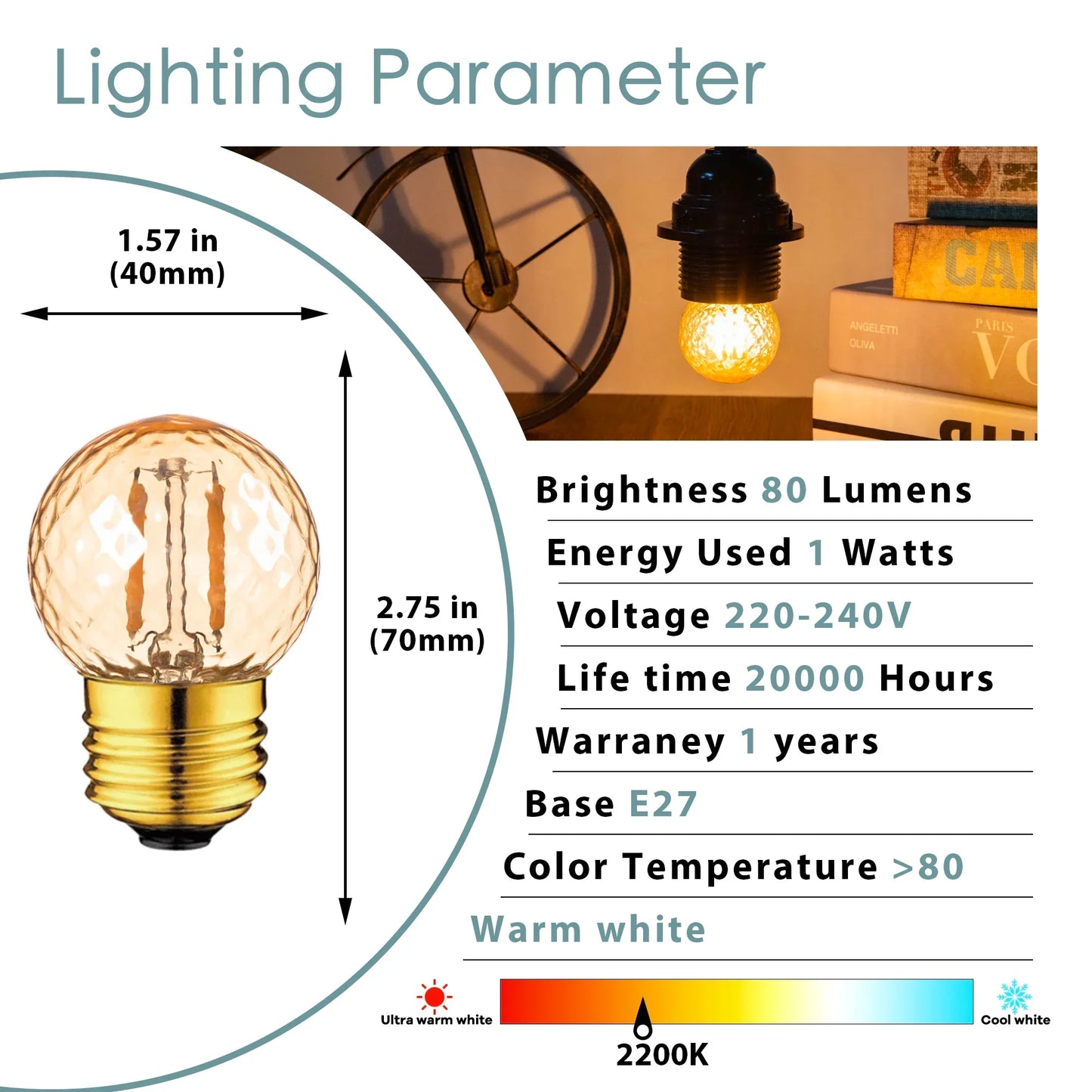 Decorbites™ G40 Globus-LED-Filament-Birnen dimmbar Vintage warmweiß E27 dekorativ Mini 1W