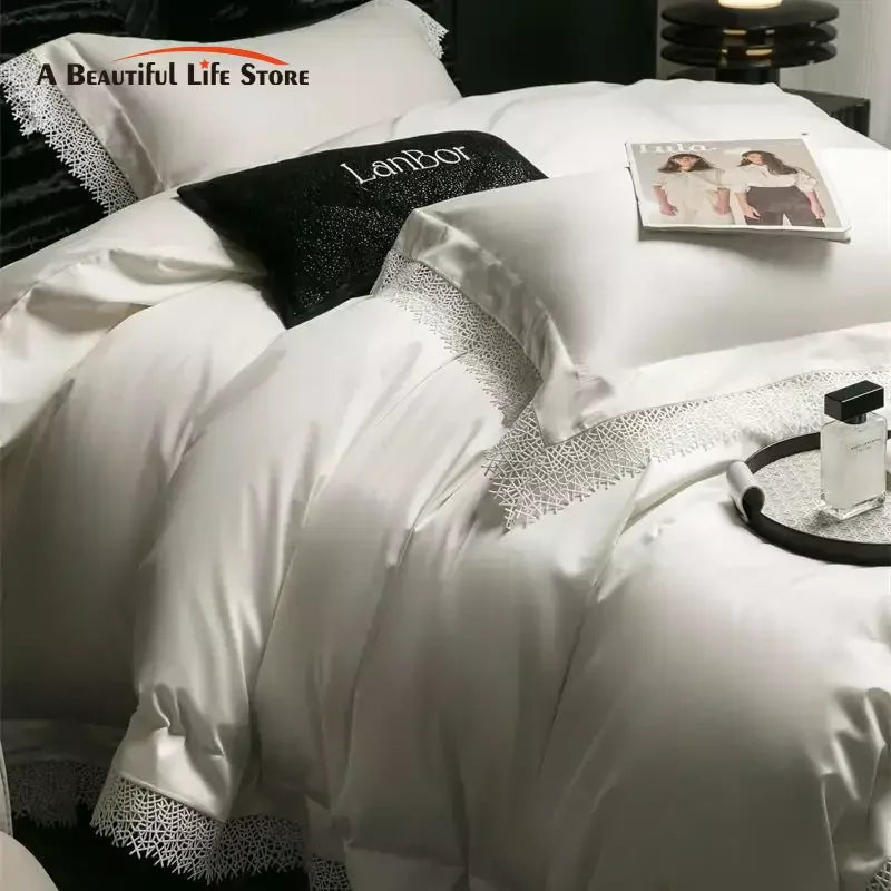 Decorbites™ Französische Spitzenkante-Bettwäsche-Set, 1000TC Ägyptische Baumwolle, Queen King, Daunendecke, Laken, Kissenbezüge