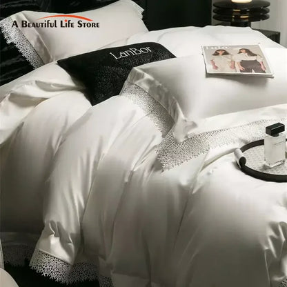Decorbites™ Französische Spitzenkante-Bettwäsche-Set, 1000TC Ägyptische Baumwolle, Queen King, Daunendecke, Laken, Kissenbezüge