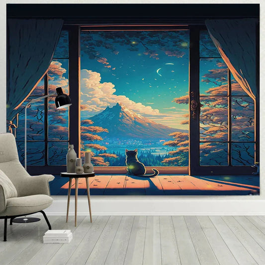 DecorBites™ Dreamy Window Cat Tapestry Landscape Wall Cloth for Bedroom & Living Room