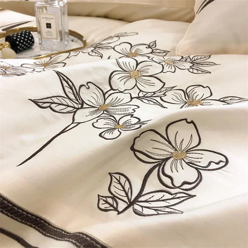 DecorBites™ French Embroidered Cotton Bedding Set Queen Duvet Cover Luxury 100s, High-End Quality