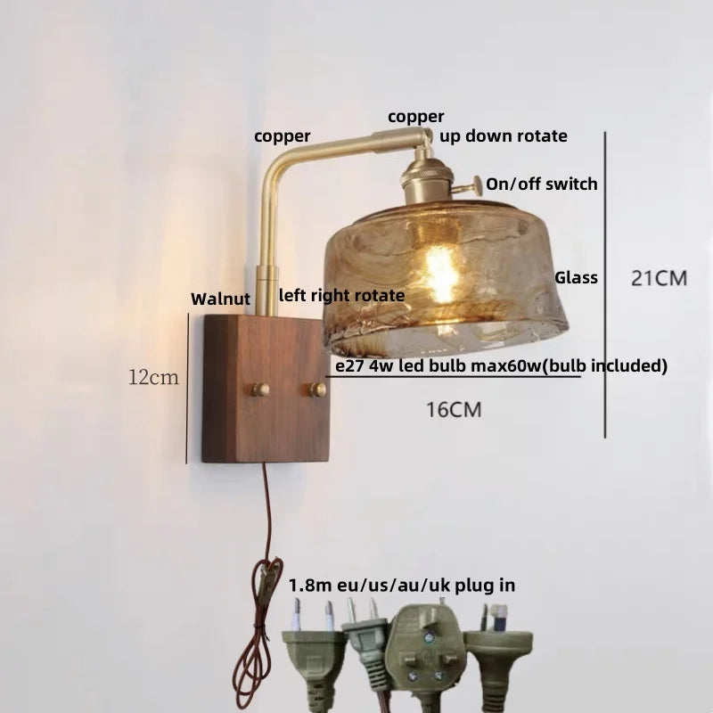 Decorbites™ LED-Wandleuchte aus Walnussholz, drehbar, Kupfer-Nachttischlampe