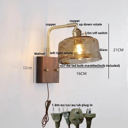 Decorbites™ LED-Wandleuchte aus Walnussholz, drehbar, Kupfer-Nachttischlampe