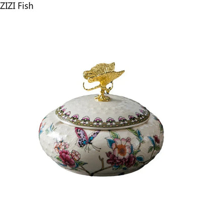 DecorBites™ Dragonfly Lid Ceramic Jewelry Box - Round Floral Pattern Storage Jar