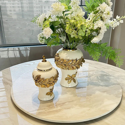Decorbites™ Goldene Blätter Keramik Blumentopf mit handgeprägten Blumen für Blumenarrangements