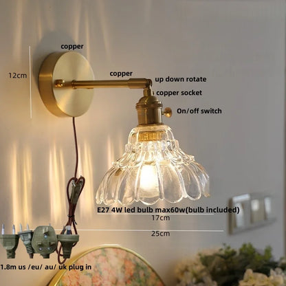 DecorBites™ Clear Glass LED Wall Sconce, Modern Rotating Bedside Lamp with Pull Chain & Copper Socket