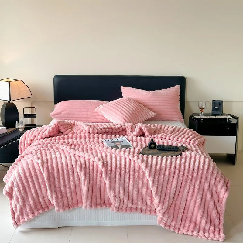 DecorBites™ Cozy Coral Fleece Striped Solid Blanket for Winter Sofa Cover Queen King Sizes