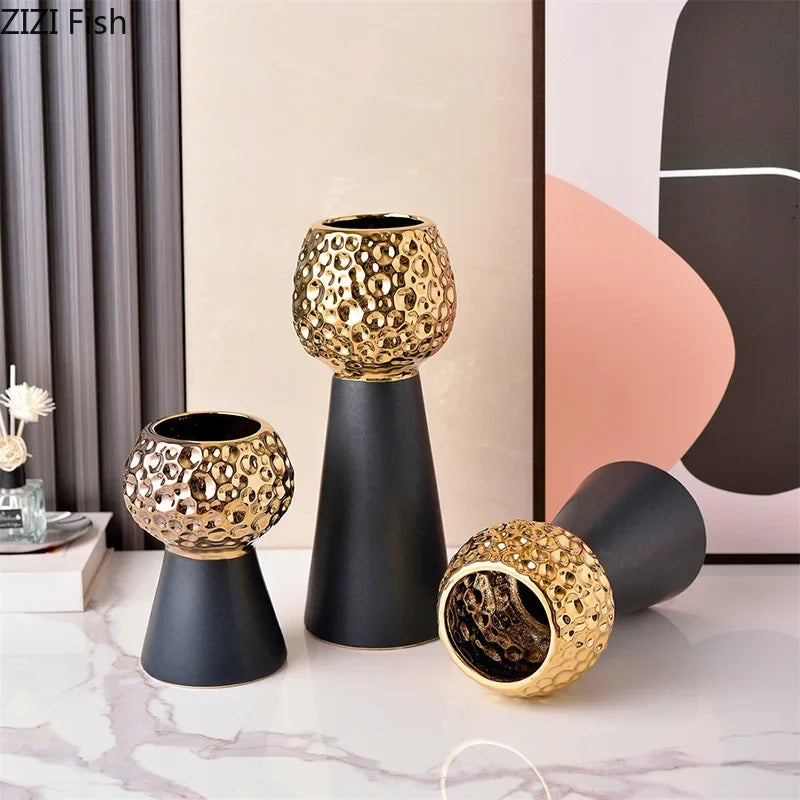 DecorBites™ Gold Hammer Pattern Ceramic Vase: Creative Plant Pot for Table Decoration and Floral Arrangement