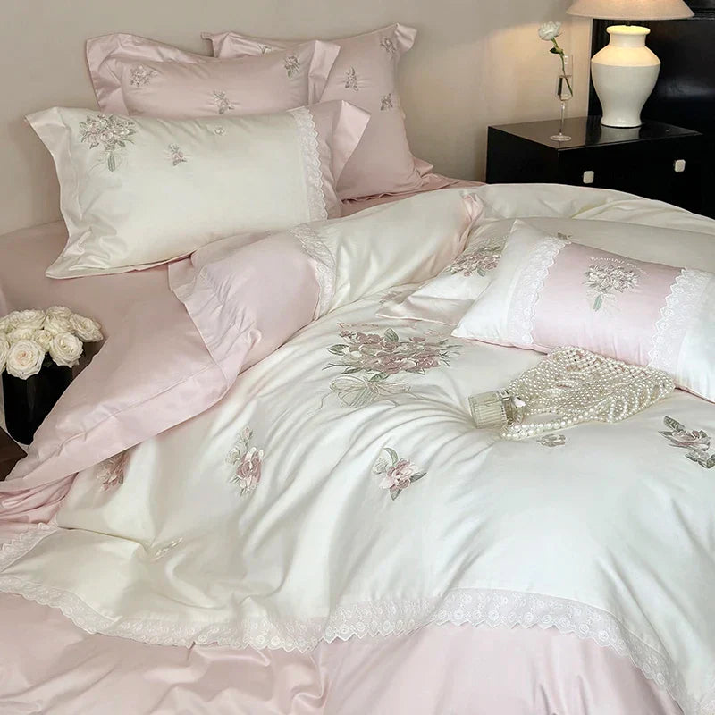 DecorBites™ Flowers Embroidery Lace Princess Bedding Set 1000TC Egyptian Cotton Duvet Cover Set
