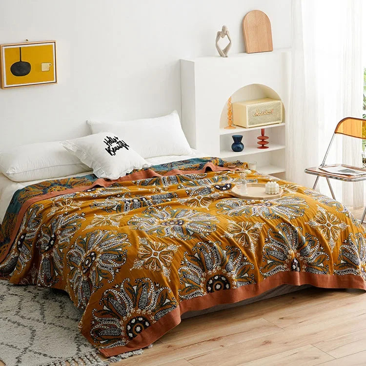 DecorBites™ Ethnic Cotton Blanket & Throw - Breathable Gauze Summer Quilt - Boho Decor Bedspread