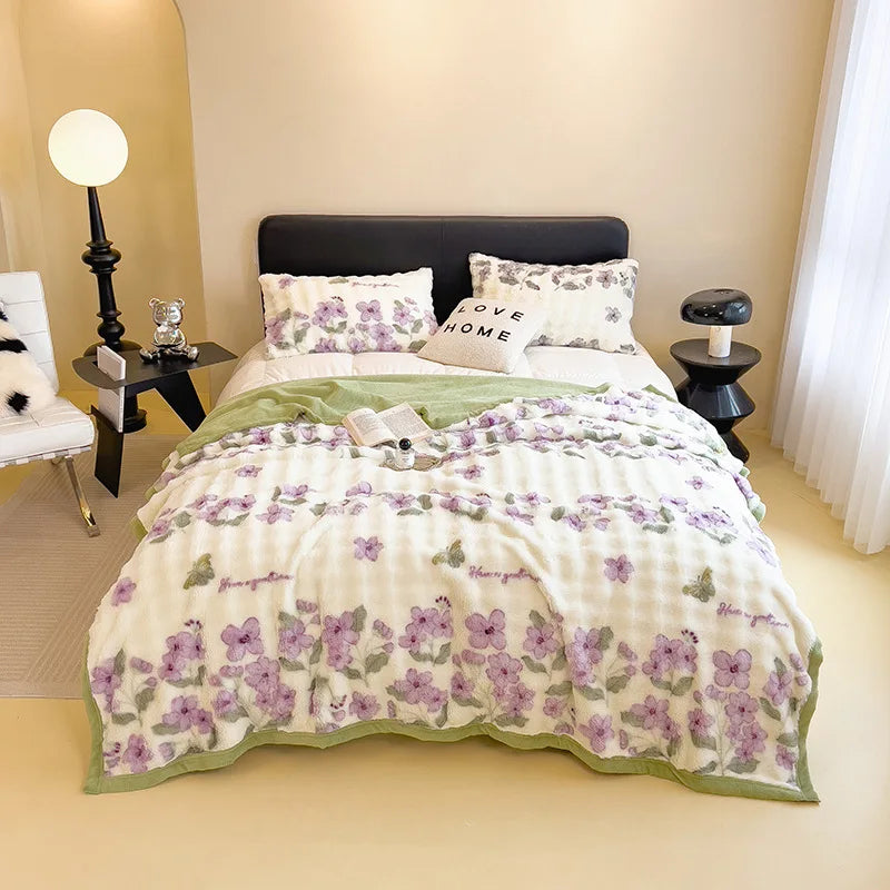 DecorBites™ Cartoon Printed Faux Rabbit Plush Thick Blanket for Office Nap and Sofa Warmth