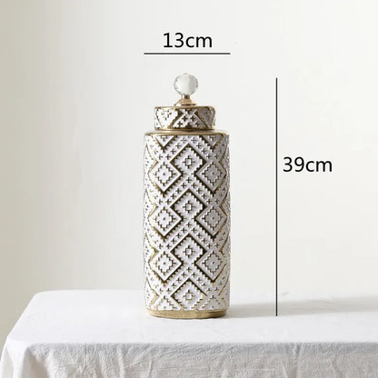 DecorBites™ Geometric Golden Relief Decorative Jar - Ceramic Crystal Vase Storage Jar