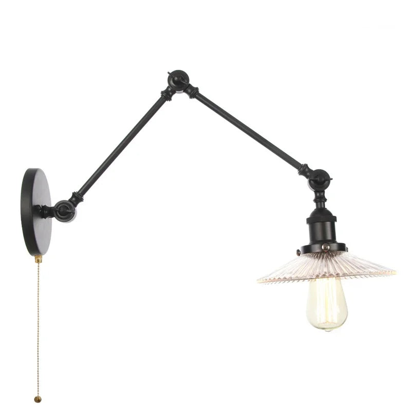 DecorBites™ Industrial Loft Swing Arm Wall Sconce Clear Glass Pull Chain Switch Bedside Lamp