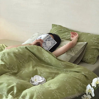 DecorBites™ Bamboo Leaf Jacquard Bedding Set: Soft & Comfortable Quilt Set, 100% Cotton, Green, Adult & Kids.