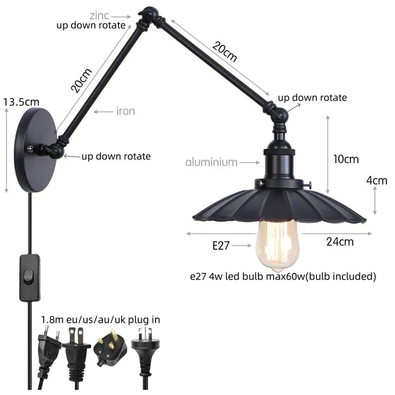 Decorbites™ Industrielle Rustikale LED Wandlampe, Langer Arm Vintage Eisenleuchte