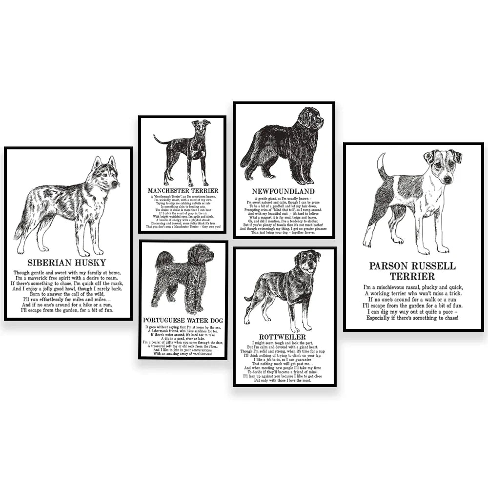 Decorbites™ Hunderassens-Gedichtposter-Sammlung: Vizsla, Pomeranian, Manchester Terrier und mehr