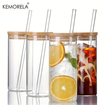 Decorbites™ 4-teiliges Set klare Glas-Tumbler-Becher mit Bambusdeckeln und Strohhalmen - 600 ml