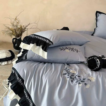 Decorbites™ Blumen-Stickerei Rüschen Baumwoll-Bettwäsche-Set mit Bettbezug, Laken und Kissenbezügen