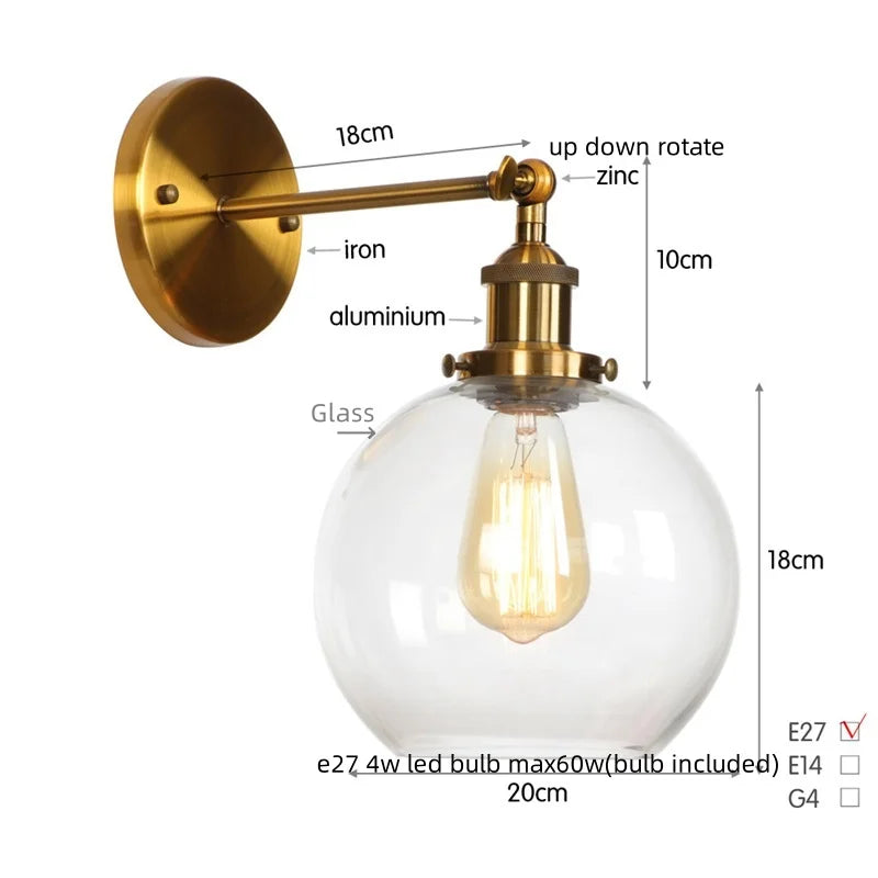 Decorbites™ Glasgloben-LED-Wandleuchte mit einarmiger Armatur Nachttischlampe im Vintage-Industrial-Stil