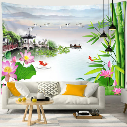 Decorbites™ Tintenlotus-Koi-Gobelin: Boho-Ästhetik Psychedelische Raumkunst Hippie-Dekoration