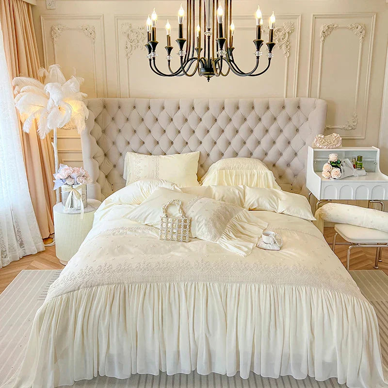Decorbites™ Französische Vintage-Spitzen-Volants Beige Baumwoll-Prinzessinnen-Hochzeits-Bettwäsche-Set