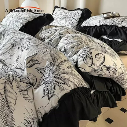 Decorbites™ Französisches Vintage Schwarz Rüschen Bettbezugsset mit Kissenbezügen, Nordisches Luxus Blumen Pflanzen Bettwäsche-Set