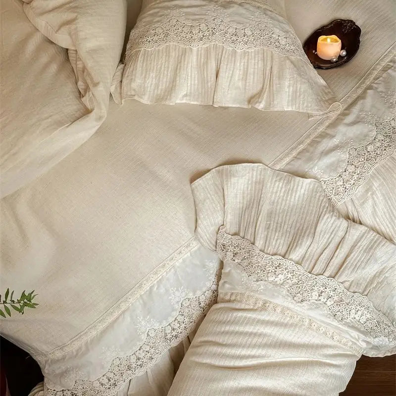 DecorBites™ French Lace Ruffle Embroidery Bedding Set with Natural Health Skin Fabric