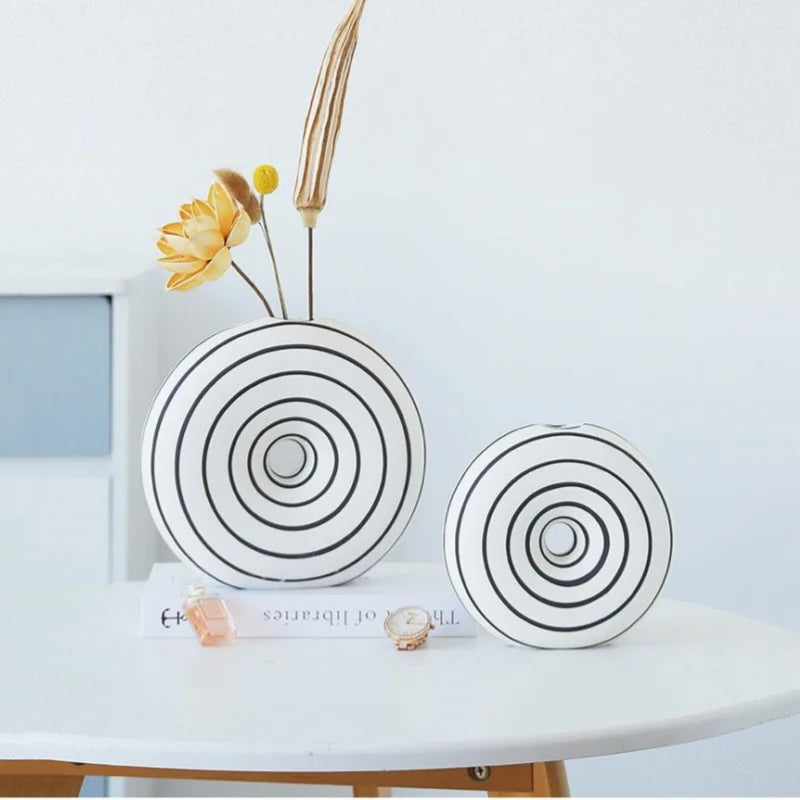 DecorBites™ Geometric Stripes Ceramic Vase with Round Cut-outs for Home Decor