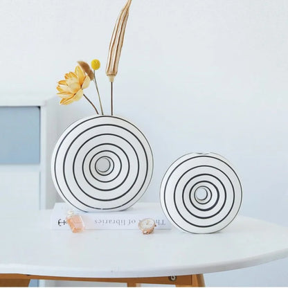 DecorBites™ Geometric Stripes Ceramic Vase with Round Cut-outs for Home Decor