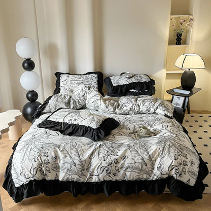 Decorbites™ Französisches Vintage Schwarz Rüschen Bettbezugsset mit Kissenbezügen, Nordisches Luxus Blumen Pflanzen Bettwäsche-Set