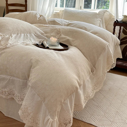Decorbites™ Jacquard-Leinen-Baumwoll-Bettwäsche-Set mit Rüschen und französischer Spitze in natürlichem Hautton