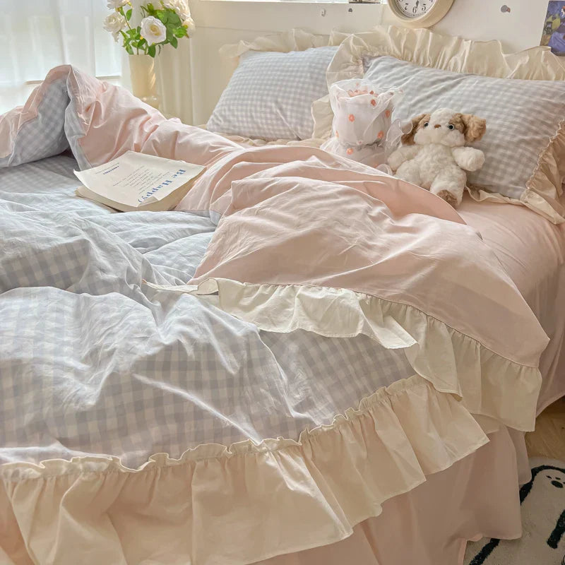 Decorbites™ Koreanische Prinzessinnen-Stil Baumwoll-Bettwäsche-Set mit Rüschen und Spitze