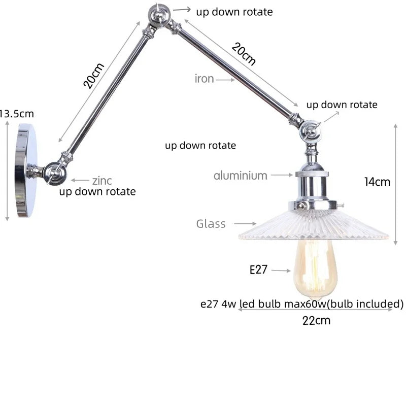 Decorbites™ Industrielles Loft Schwenkarm-LED-Wandleuchte Glas Vintage Spiegel-Lampe