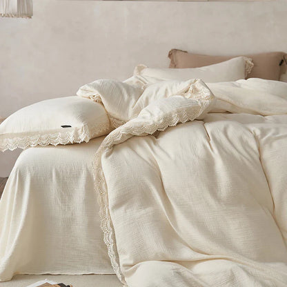 Decorbites™ Baumwoll-Bettwäsche-Set mit Spitzenkante für empfindliche Haut mit Steppdecke, Laken und Kissenbezügen
