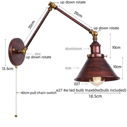 DecorBites™ Gold Long Arm LED Wall Sconce with Pull Chain Switch, Adjustable Industrial Bedside Lamp