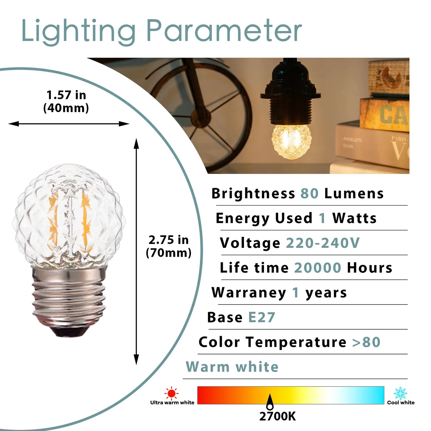 Decorbites™ G40 Globus-LED-Filament-Birnen dimmbar Vintage warmweiß E27 dekorativ Mini 1W